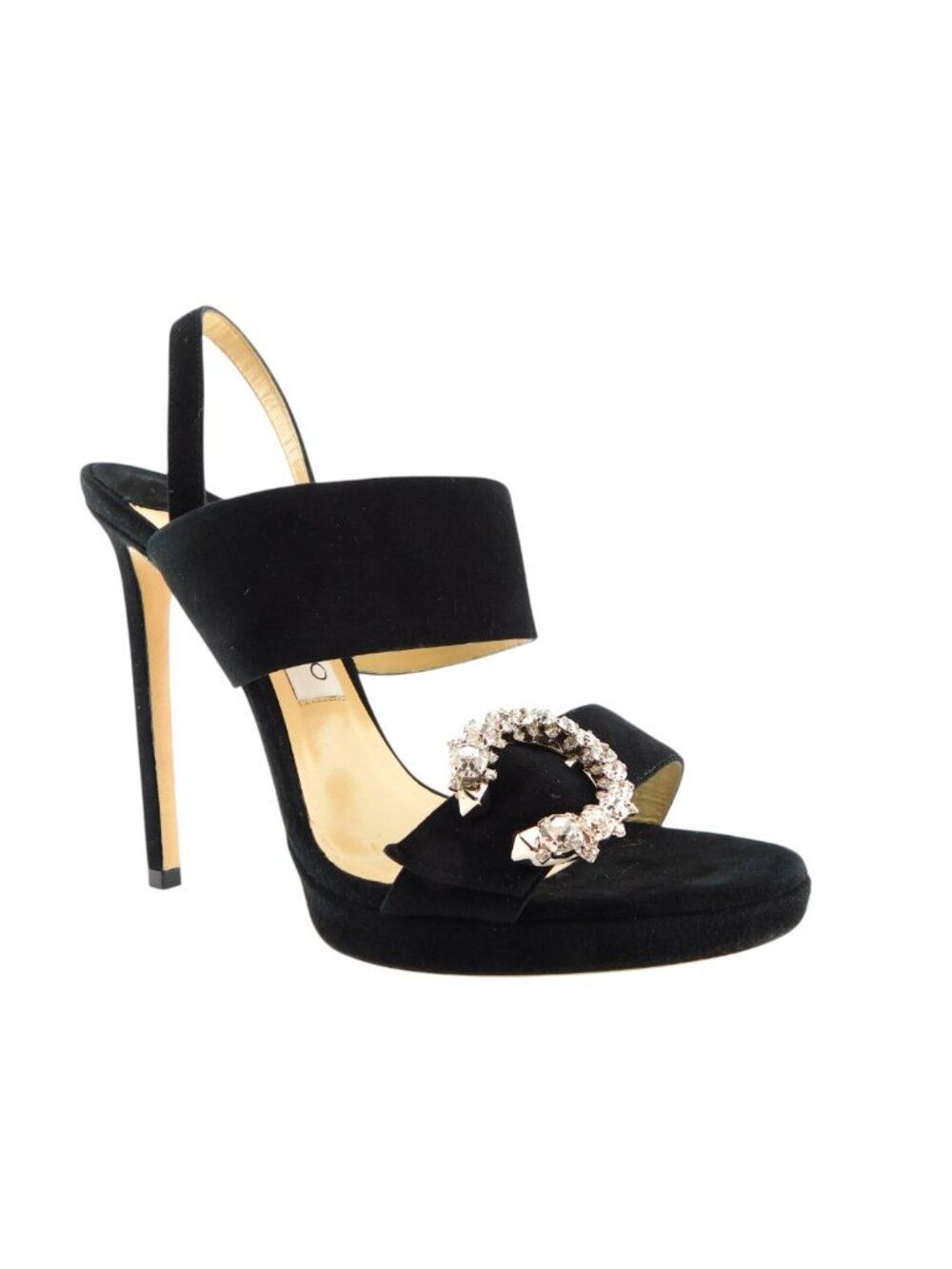JIMMY CHOO Sparkle Crystal C Buckle Black Suede Leather Sling Heel Sandals 39